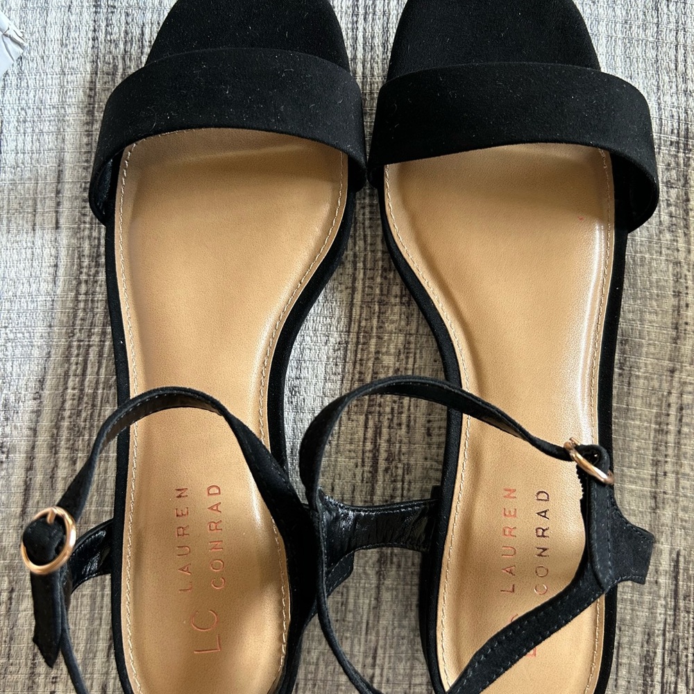 Black suede small heeled sandal. 7.5